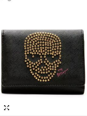 Betsey Johnson Black Wallet with Gold Stud Skull  EUC